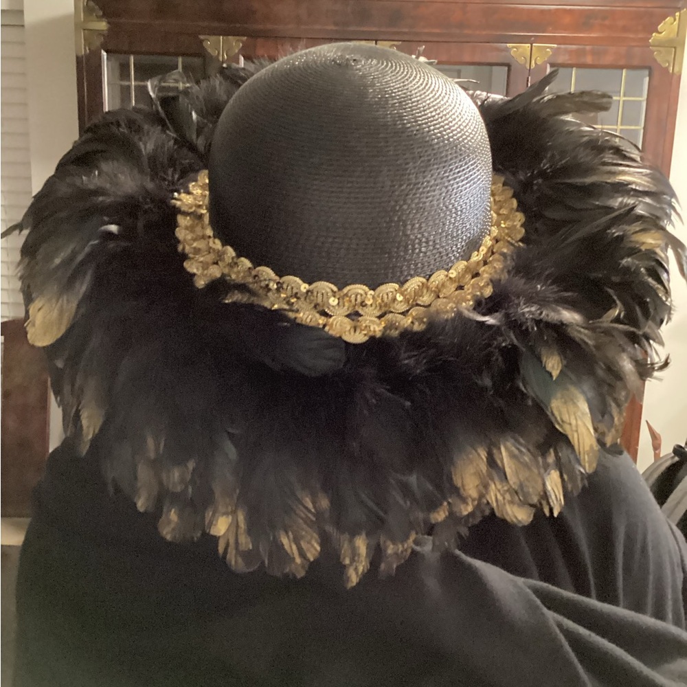 Black and Gold Embroidered Feathered Elegant Hat